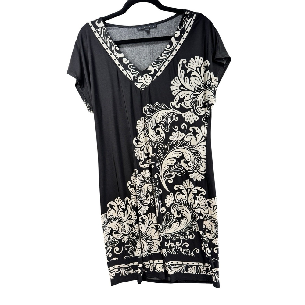 Tiana B Womens Large Black White Scroll Print Shift Dress Short Sleeve Stretch